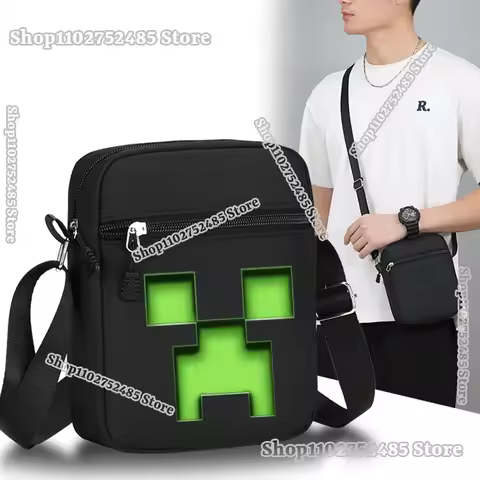 Cartoon Pixel Block Creeper Steve Shoulder Bags Boy Crossbody Bag Minecrafteds Lunch Bag Zipper Pock