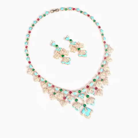Designer Collection Earrings Necklace Women Inlay Cubic Zircon Glaze Tassels Plated Gold Color Jewel