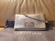 Oroton champagne gold leather clutch, champagne gold leather baguette bag, champagne gold shoulder b