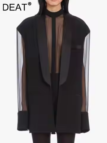 DEAT Fashion Women's Blazer Fake 2 Pcs O-neck Splicing Translucent Gauze Long Sleleve Suit Jackets A