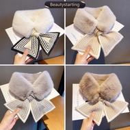 BEAUTYSTARTING Women Winter Warm Thicken Solid Color Faux Rabbit Fur Cross Collar Neck Warmer Plush 