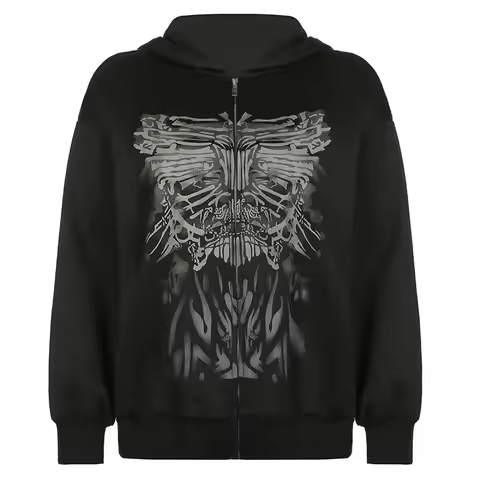 Y2K Gothic Butterfly Print Zip Up Women Hoodies 2025 Winter Grunge Skeleton Sweatshirt Casual Hooded