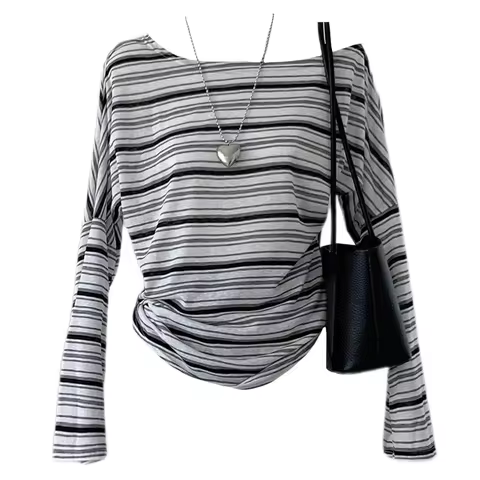 Women Striped Y2k T-shirt Gyaru Slash Neck Tee Top Vintage 90s Aesthetic Long Sleeve T-shirts 2000s 
