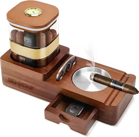 Cigar Humidor Cigar Ashtray Set Wooden Cigar Accessories Cigar Cutter Cigar Jar With Hygrometer Humi