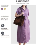 LAHSTORE straight linen dress with short sleeve shirt collar, long, loose waistband, youthful DS12 (