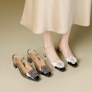 2 Colors Small Size 34-40 Camellia High Heels Square Toe Thick Heel Toe Sandals Rhinestone High-End 