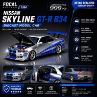 Focal Horizon 1/64 Nissan Skyline GT-R R34 (Silver & Blue Livery) – Limited Edition 999 pcs