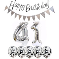 2 Balloons Number 41 + Happy Birthday Garland + Silver Banner foil Balloon 41th Birthday Decoration+