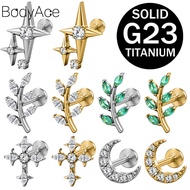 Bodyace 1 Pc 16G/18G Ear Piercing Meteor Stud Earring Leaves Earring Moon Stud Earring Flat Back Lip