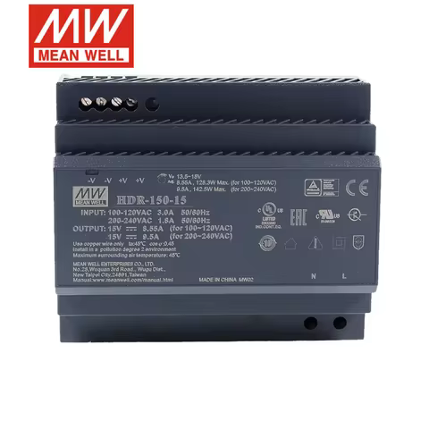 MEAN WELL HDR-150 Series HDR-150-12 HDR-150-15 HDR-150-24 HDR-150-48 Ultra Slim Step Shape DIN Rail
