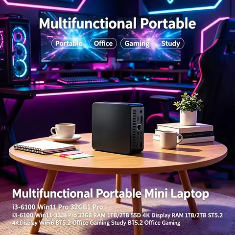 Portable Mini Laptop I3-6100 Win11 Pro 32GB RAM Large SSD 4K Screen WiFi6 BT5.2 All-round Office Gam