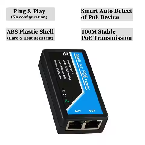 Revotech Gigabit 2 Port POE Extender, IEEE 802.3af/at PoE+ Standard, 10/100/1000Mbps, POE Repeater 1