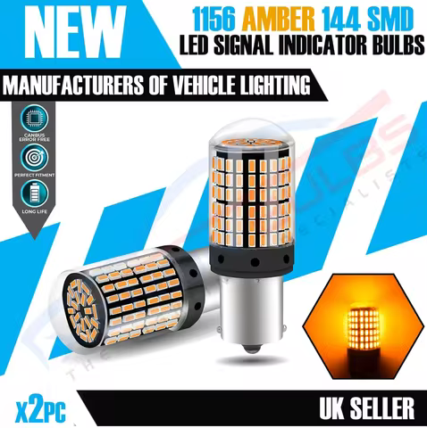 2X BA15S 1156 144SMD Amber LED Canbus Turn Signal Indicator Light Bulbs 12V S25