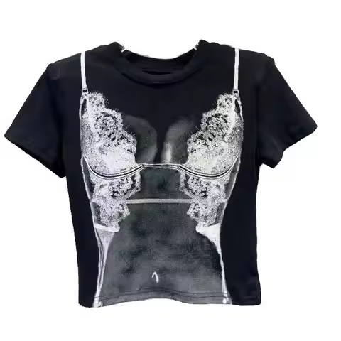 2024 New Women T Shirts Funny Bikini Print Shoulder Pads Short Short Sleeve T-shirt Tops