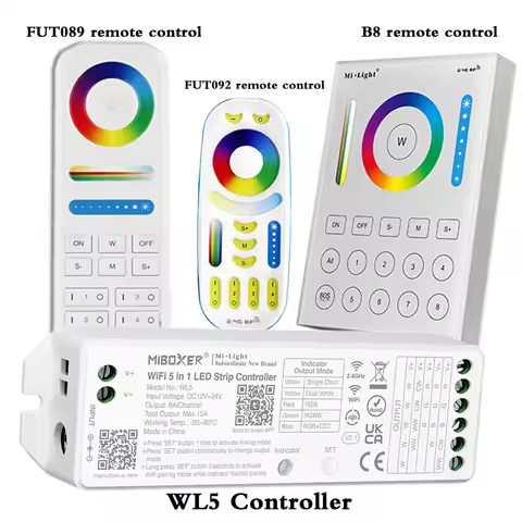 WL5 Wifi 5 in 1 Led Controller For RGBW RGB+CCT led strip light;2.4G Hz Remote:FUT092,8 Zone FUT089,