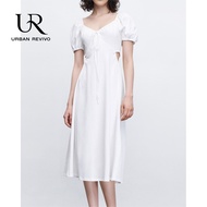 URBAN REVIVO Wihte Slim Dresses waist Cut Out Stylish Shirt Draped  Dresses Plunge Neck Mid-length Dress For Women