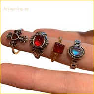 ARIN 4pcs Grunge Style Red Crystal Open Rings for Women Retro Handmade Accessories