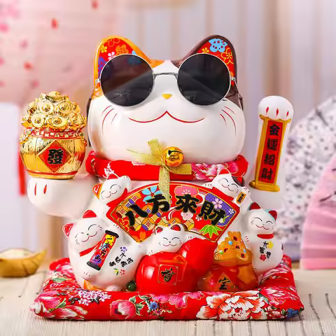 7 Inch Lucky Cat Decoration Feng Shui Fortune Cat Ceramic Electric Wave Hand Treasure Shop Gift Good