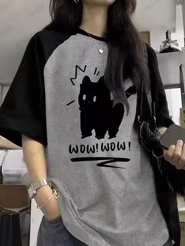 Cute Black Cat WOW WOW Graphic Raglan T Shirt, Unisex Short Sleeve Tee, Cartoon Animal Print Casual