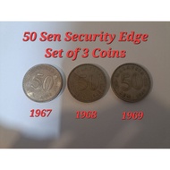 Duit Syiling Lama Malaysia 1st Series 50 Sen Security Edge (Terbelah) Complete Set 3 Coins Year 1967