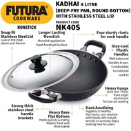 Hawkins Futura Non-Stick Round Bottom Kadai (Deep-Fry Pan) with Steel Lid 4 Litre