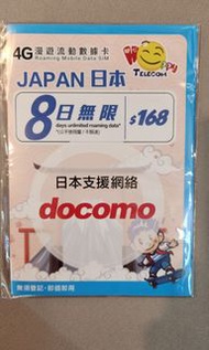 日本docomo電話卡 不限速8日