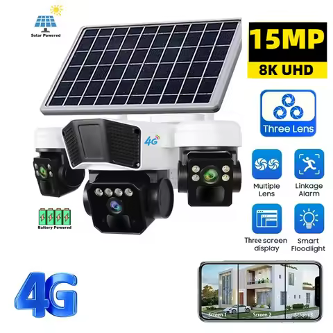 O-KamPro 15MP 4G Solar Camera Battery Three Lens HD GSM SIM Camera Night Vision Waterproof Two-Way I
