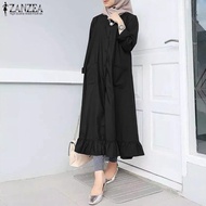 Esolo ZANZEA ผู้หญิงชุดมุสลิมแขนยาว Ruffles Hem ปุ่ม Casual หลวม Abaya เสื้อสตรีแขนยาวเปิดไหล่ชุด