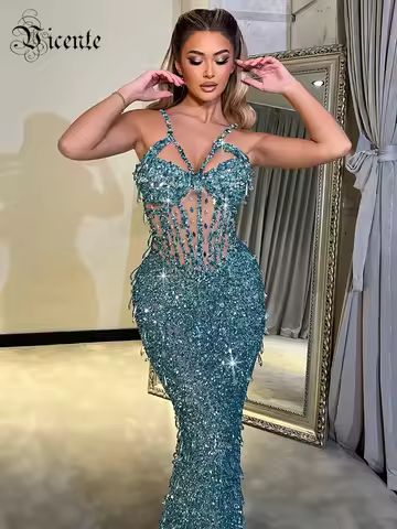 VC Opulent Cyan Cross Straps Sequin Crystal Detailing Dress for Fashion Galas Party Evening Gown