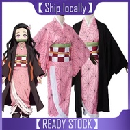 Anime Nezuko Cosplay Kamado Nezuko Cosplay Costume Nezuko Wig Uniform with Props for Adult Kids Hall