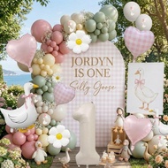 One Silly Goose Balloon Arch Kit for Baby Girl First Birthday Decorations, Silly Goose Gingham Birth