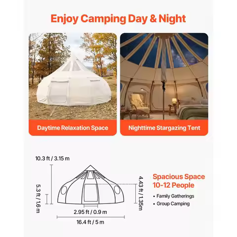 New Canvas Bell Tent, 4 Seasons 16.4 ft Yurt Tent for Camping with Stove Jack, Poly-Cotton Canvas Br