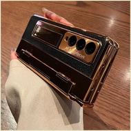 เคสหนังแบบชิ้นเดียวหุ้มขาตั้งโทรศัพท์สีทองสำหรับ Samsung Galaxy Z Fold6 Z Fold5 Z Fold3 Fold4เคสพร้อ