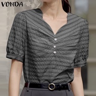 เสื้อลูกไม้คอปกชุดแขนสั้นสง่างามสำหรับผู้หญิง VONDA เสื้อลายขวาง (ลำลองเกาหลี)