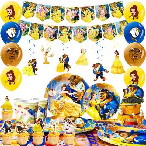 117 Pcs Beauty and the Beast Party Decorations & Tableware - Plates Cups Balloons Etc Beauty and the