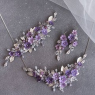 Violet grey flower earrings, Purple jewelry set, Floral necklace, Lavender bride