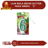 HIJAU LILIN LARGE GREEN GLITTER VIOLIN CANDLE NUMBER 6 - BIRTHDAY CANDLE