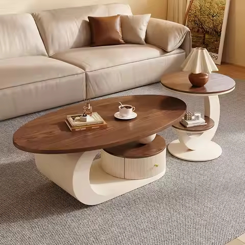 pace-Saving Oval Coffee Table in Creamy Beige | Walnut Veneer Finish | Light Luxury Centerpiece for 