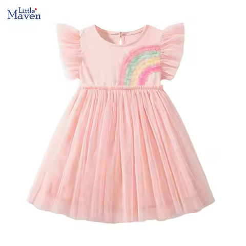 Little maven Children's Clothing Baby Girls 2026 Summer Embroidered Cartoon Rainbow Mesh Dresses Pin