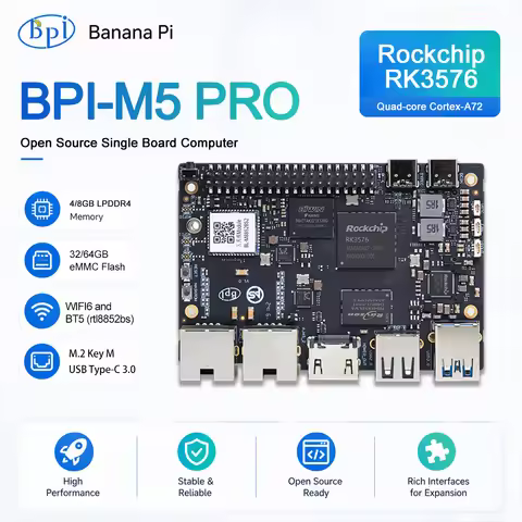 Banana Pi BPI-M5 Pro Rockchip RK3576 4GB LPDDR4 64GB eMMC ARM Mali G52 MC3 GPU 6 TOPs SBC Developmen