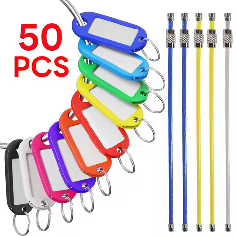 Key Tag Set (50 Plastic Key Labels & 5 Cable Key Rings) - Versatile for USB Drives, Luggage, Home/Of