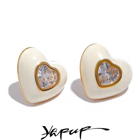 Yhpup 6Color Enamel Shiny Cubic Zirconia Stainless Steel Heart Colorful Stud Earrings Exquisite High