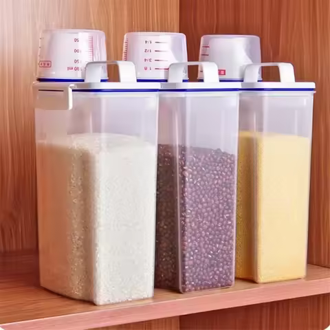 1Pc Sealed Cereal Insect-Proof Rice Bucket with Measuring Cup Transparent Rotary Food Moistureproof 