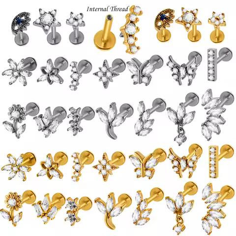 1PC Implant Surgical Steel Paved Flat Back Flower 3/4/5/6 Marquise CZ Labret Piercing Internal Threa