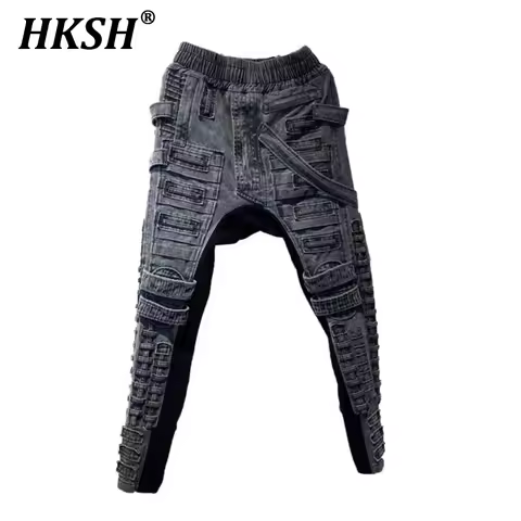 HKSH Men's Asymmetrical Tide Cargo Pants Dark Irregular Chic Patchwork Elastic Waist Overalls Vintag