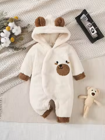 Winter 0-1 Years Old Infant Baby Boys Bear Print Hooded jumpsuit