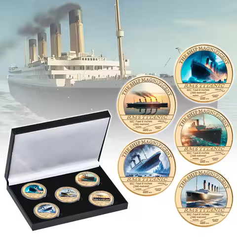 5pcs RMS Titanic Golden Commemorative Coins Set The Ship Magnificent Titanic Tragedy Souvenir Coins 