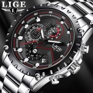 2022 LIGE Fashion Mens Watches Top Luxury nd Silver Stainless Steel 30m Waterproof Quartz Watch Men Army Military Chronograph