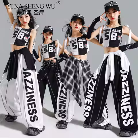 Black White Jazz Outfit Hip Hop Set Girls Fashion Kpop Stage Outfit Crop Top Dance Pants Street Chil
