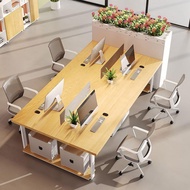 Solid wood office desk with screen partition, workstation table for 2-4 people, staff computer desk